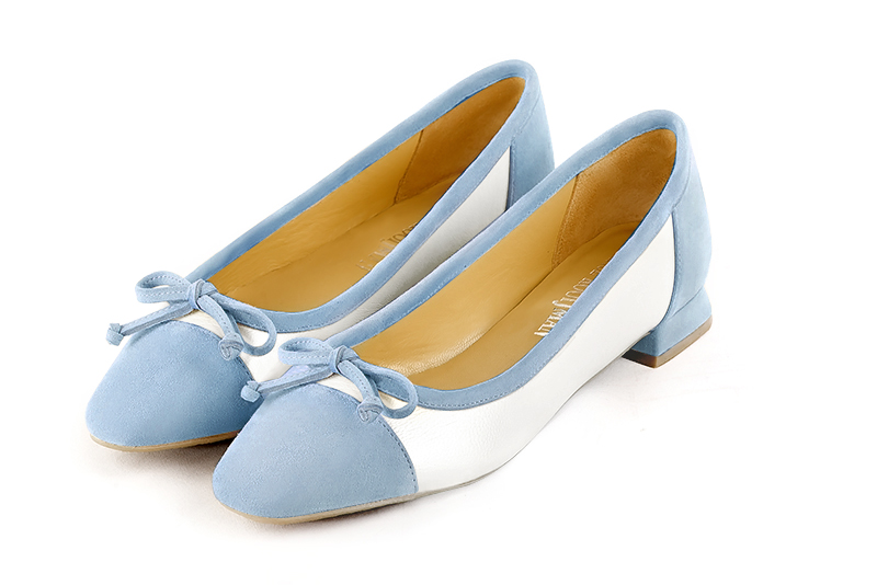 Sky blue and pure white women's ballet pumps, with low heels. Square toe. Flat flare heels - Florence KOOIJMAN